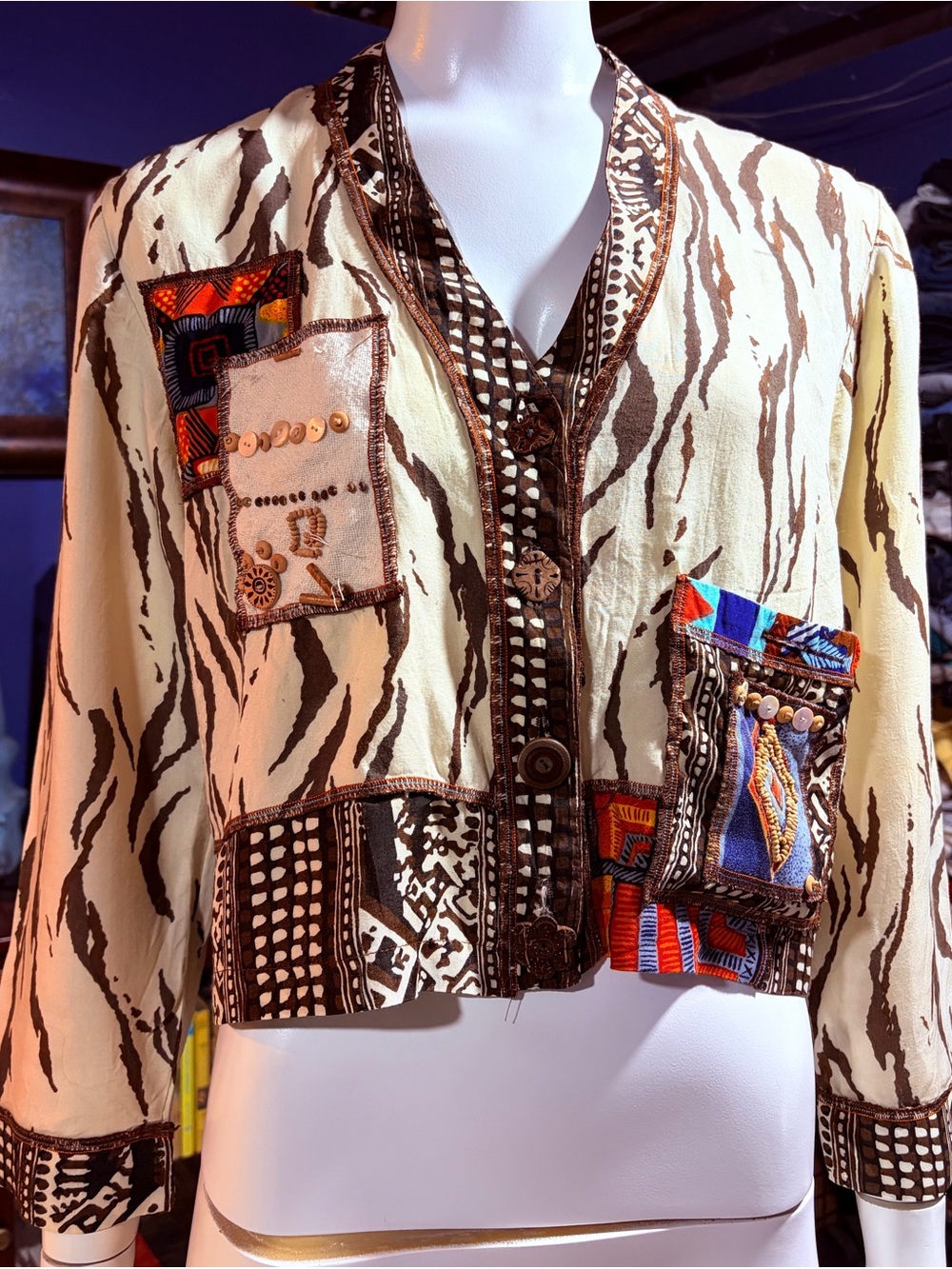 Surya Boho Patchwork Lined XS Cropped Jacket/Top - Brown & Cream